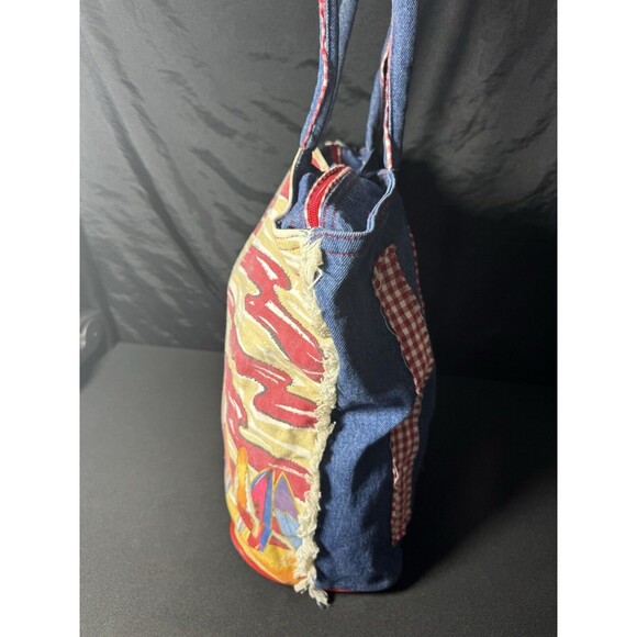 2000s Anne Ormsby Beach Bag Patriotic Surf Denim bag "Surviving Stress" American - Picture 7 of 14